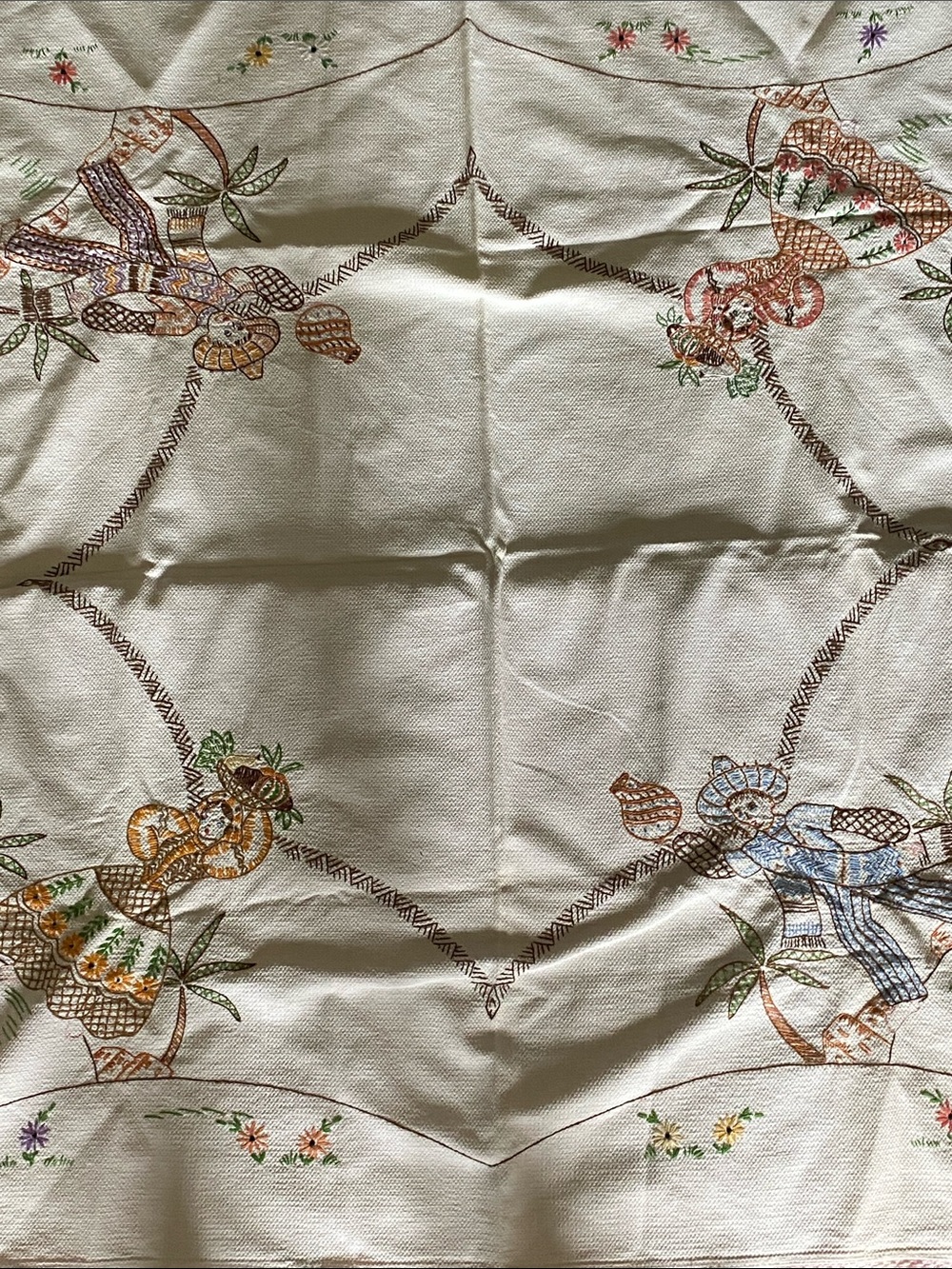 Vintage Embroidered Table Cloth with Latin American Figures and Flowers